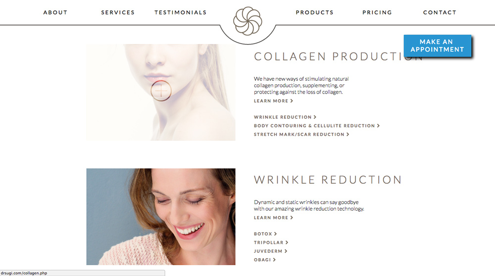 Screenshot of Dr. Sugimoto Med Spa services page