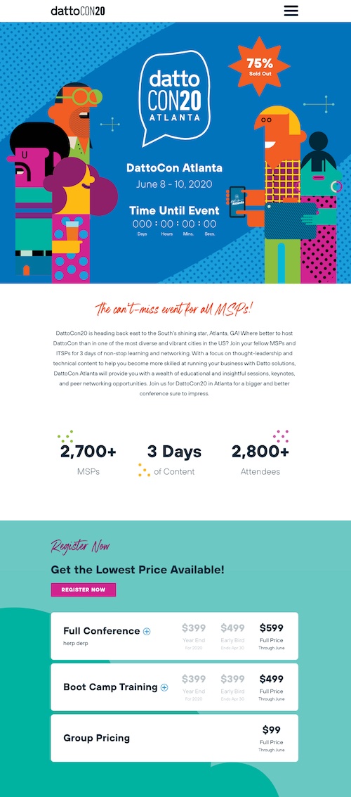 Extended screenshot of the DattoCon 2020 Atlanta homepage